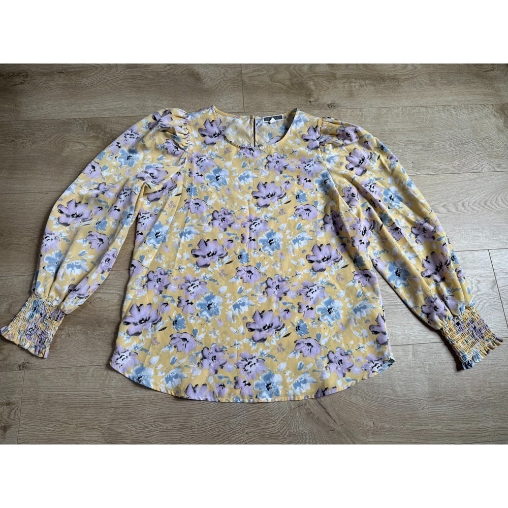 EUC Anthropologie Pleione yellow shoulder pads puff sleeve blouse floral size M